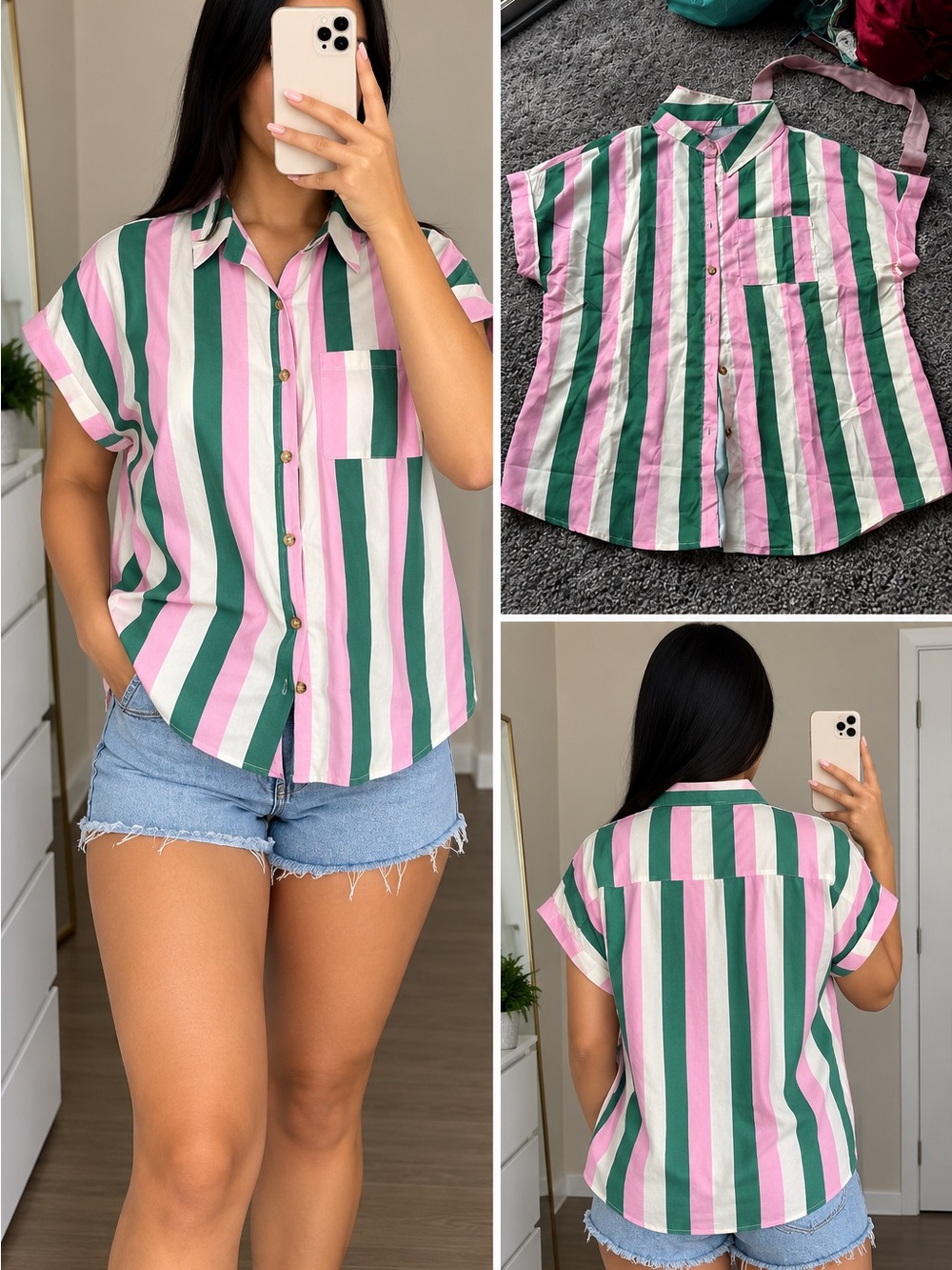 Striped Button-Front Short Sleeve Shirt - Pink & Green